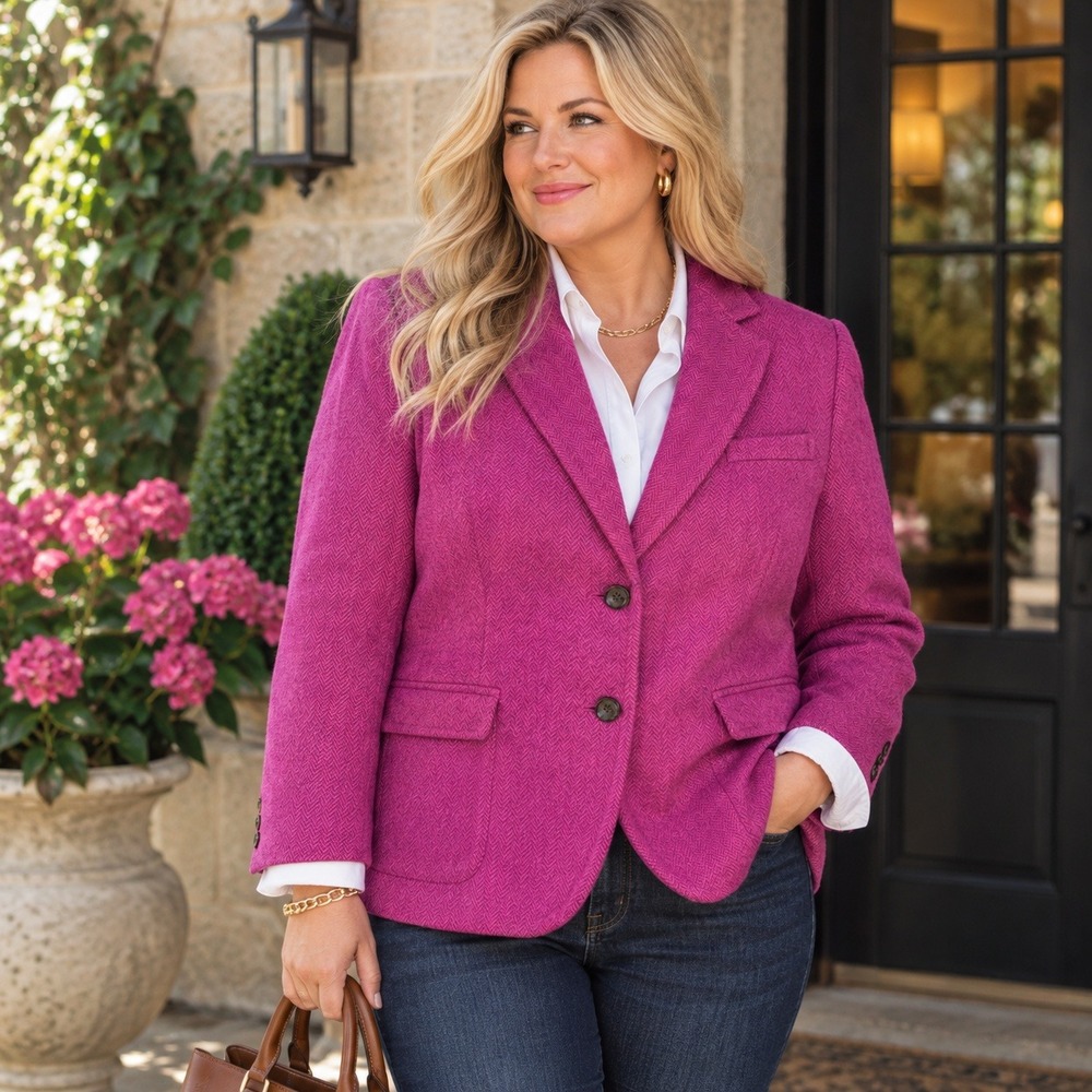 Talbots Wool Blend Herringbone Blazer Magenta Pink Career Preppy Jacket 14